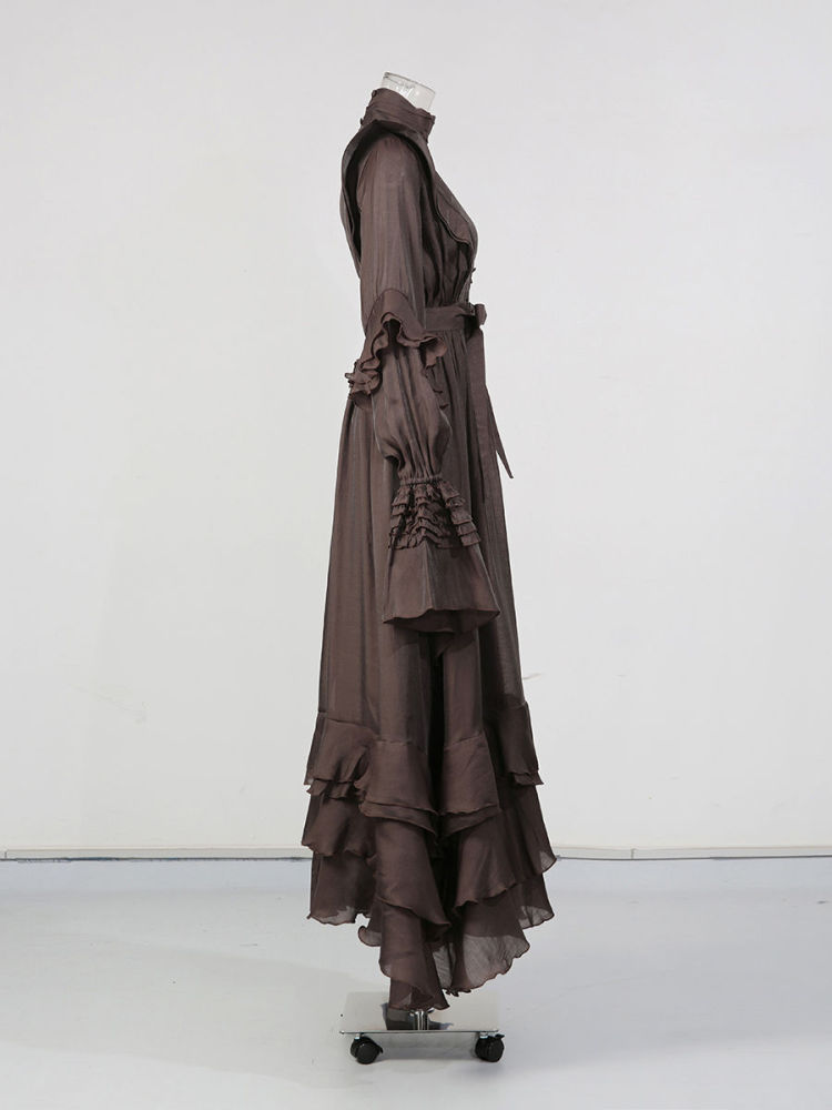 TWOTWINSTYLE Vintage Stand Collar Hollow Out Minimalist Dress