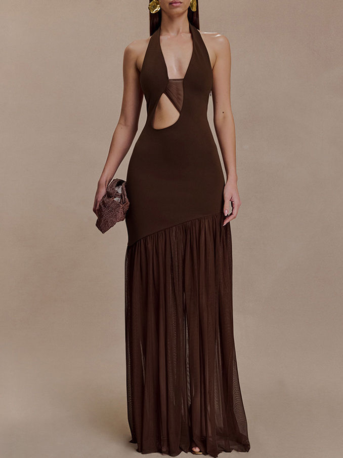 TWOTWINSTYLE Hollow Out Backless Patchwork Mesh Dress
