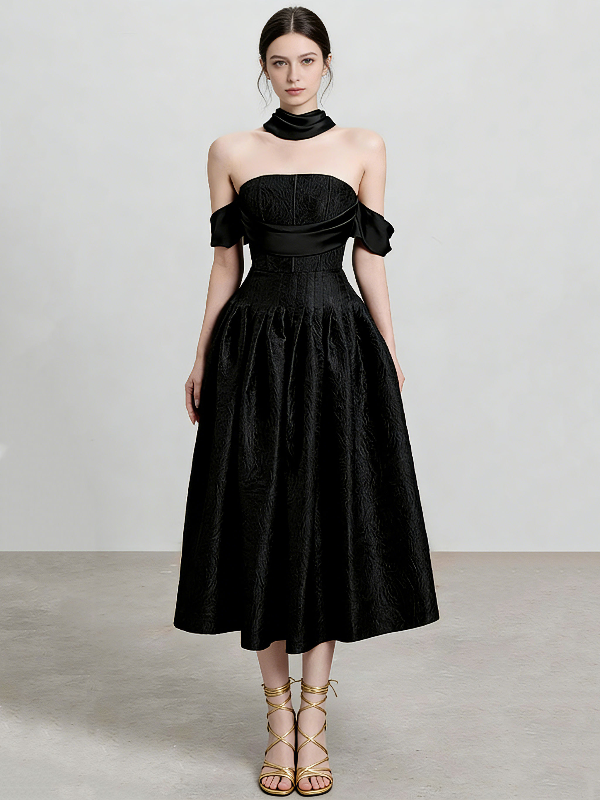 Teotwin Style TWOTWINSTYLE Off Shoulder Tunic Pleated Minimalist Designer Dress