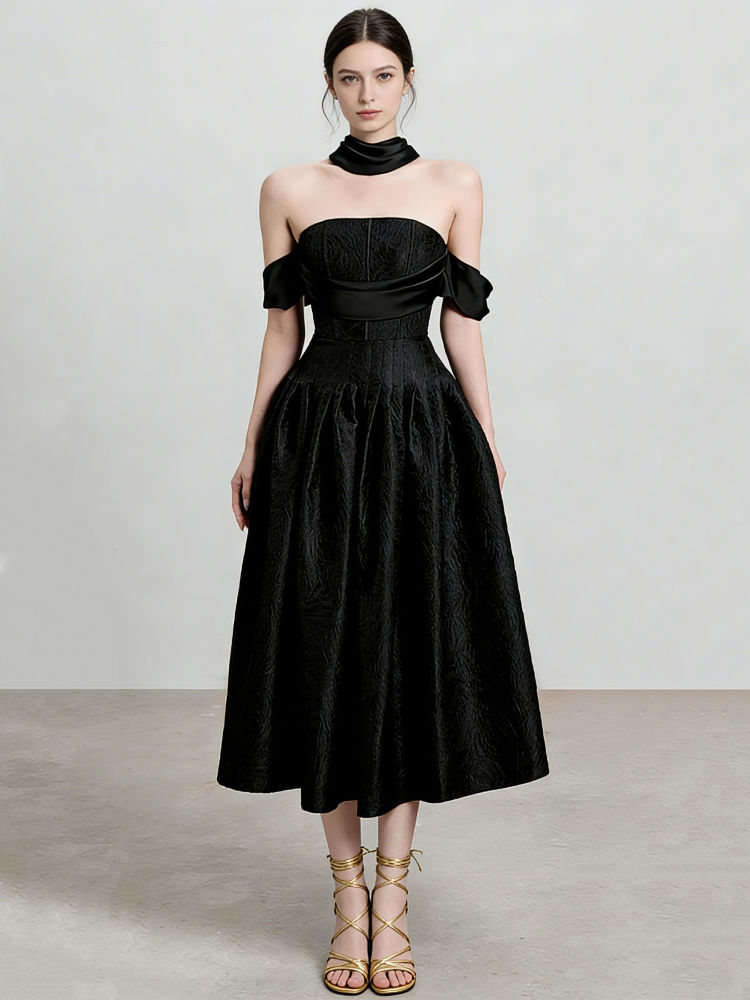 TWOTWINSTYLE Off Shoulder Tunic Pleated Minimalist Designer Dress