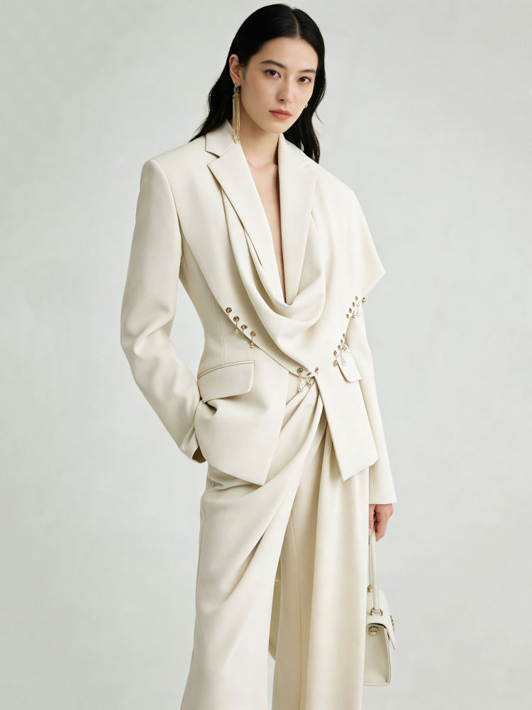 TWOTWINSTYLE Solid Lapel Patchwork Pearl Fashion Coat