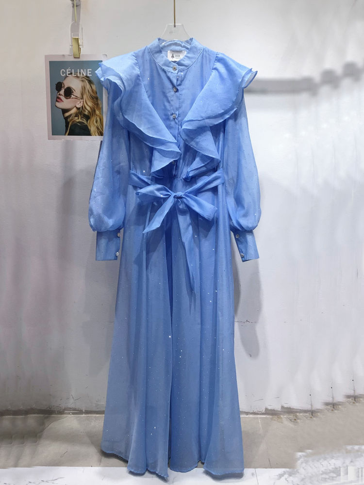 TWOTWINSTYLE Solid Spliced Ruffles Vintage Midi Dress