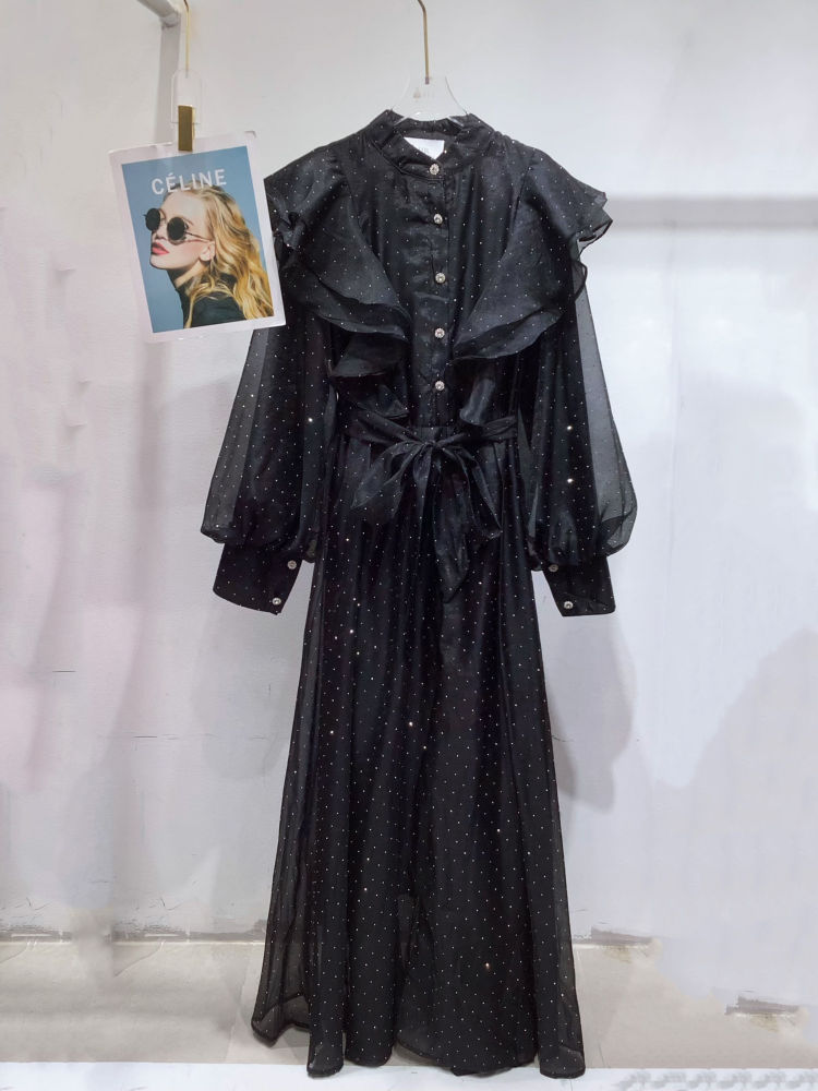 TWOTWINSTYLE Solid Spliced Ruffles Vintage Midi Dress