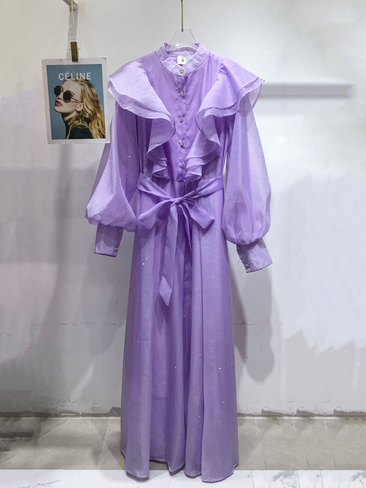 TWOTWINSTYLE Solid Spliced Ruffles Vintage Midi Dress