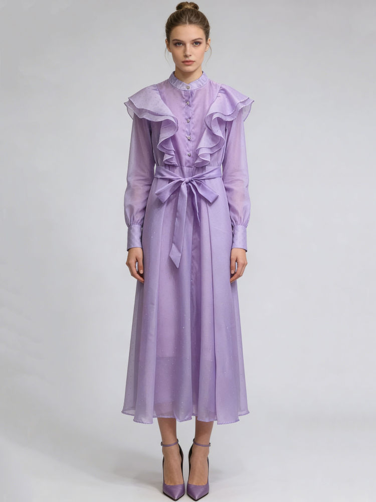 TWOTWINSTYLE Solid Spliced Ruffles Vintage Midi Dress