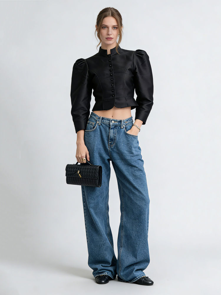 TWOTWINSTYLE Stand Collar Spliced Single Breasted Chic Crop Coat