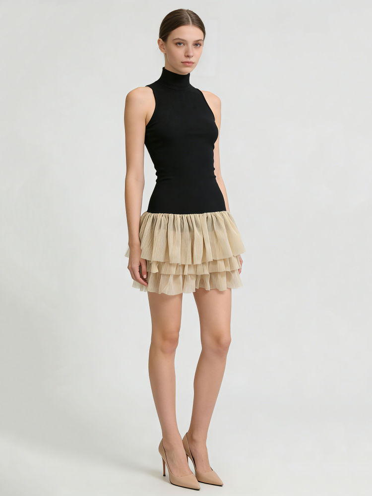 TWOTWINSTYLE Turtleneck Sleeveless Hit Color Elegant Mini Dress