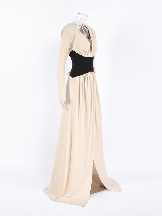 TWOTWINSTYLE V-Neck Tunic Slit Elegant Maxi Dress