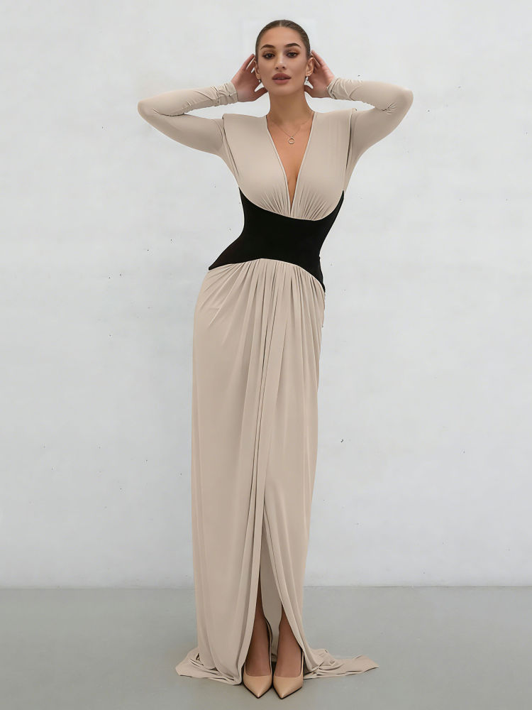 TWOTWINSTYLE V-Neck Tunic Slit Elegant Maxi Dress