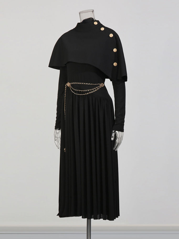 TWOTWINSTYLE Designer Stand Collar Tunic Spliced Metal Btton Dress