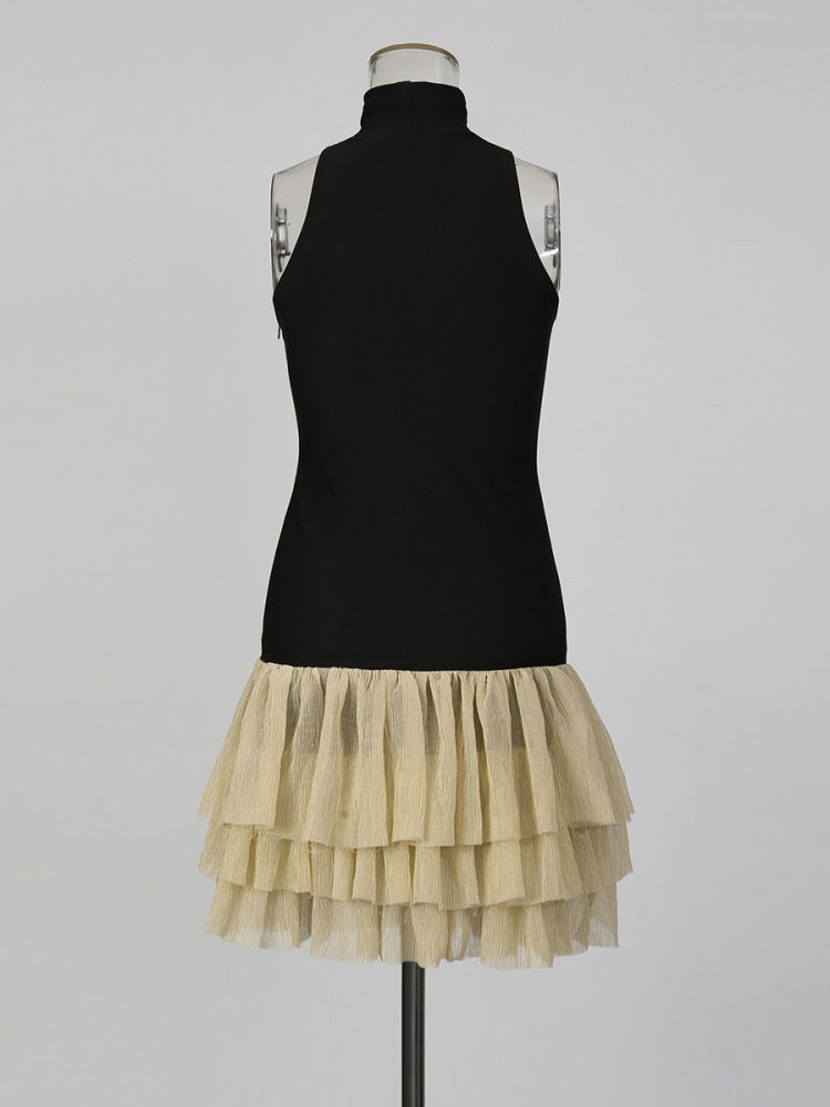 TWOTWINSTYLE Turtleneck Sleeveless Hit Color Elegant Mini Dress