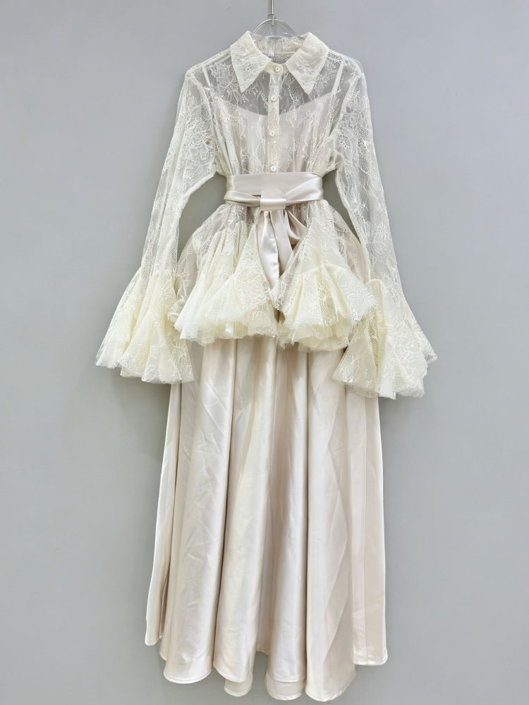 TWOTWINSTYLE Lapel Patchwork Mesh Tunic Dress