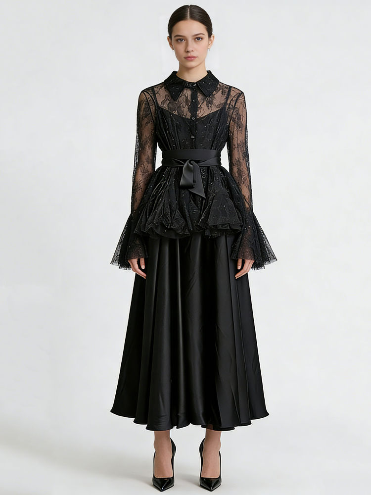 TWOTWINSTYLE Lapel Patchwork Mesh Tunic Dress