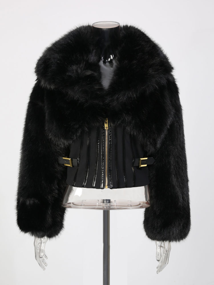 TWOTWINSTYLE Lapel Spliced Fur Tunic Fashion Coat