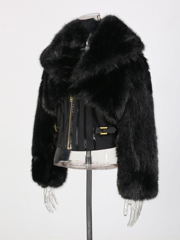 TWOTWINSTYLE Lapel Spliced Fur Tunic Fashion Coat