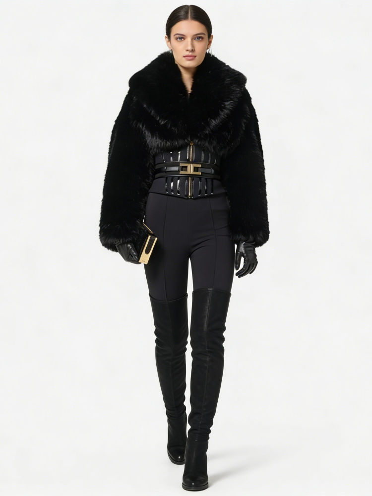 TWOTWINSTYLE Lapel Spliced Fur Tunic Fashion Coat