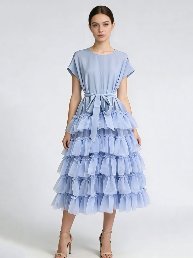 TWOTWINSTYLE Round Neck High Waist Spliced Mesh Dress