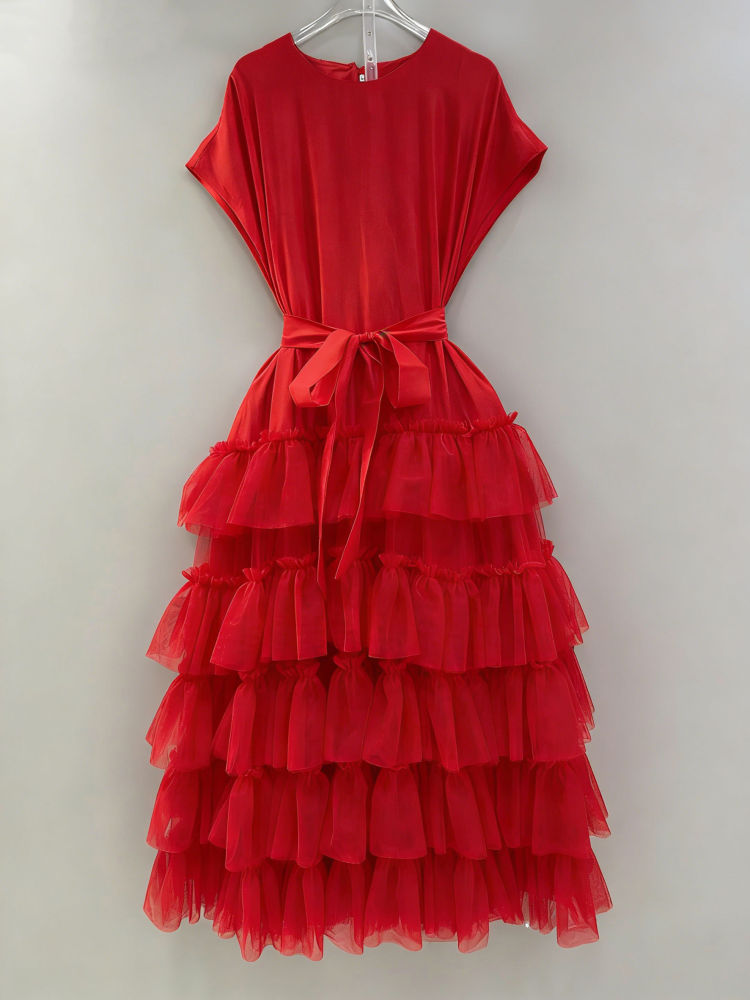 TWOTWINSTYLE Round Neck High Waist Spliced Mesh Dress
