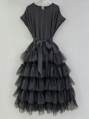 TWOTWINSTYLE Round Neck High Waist Spliced Mesh Dress