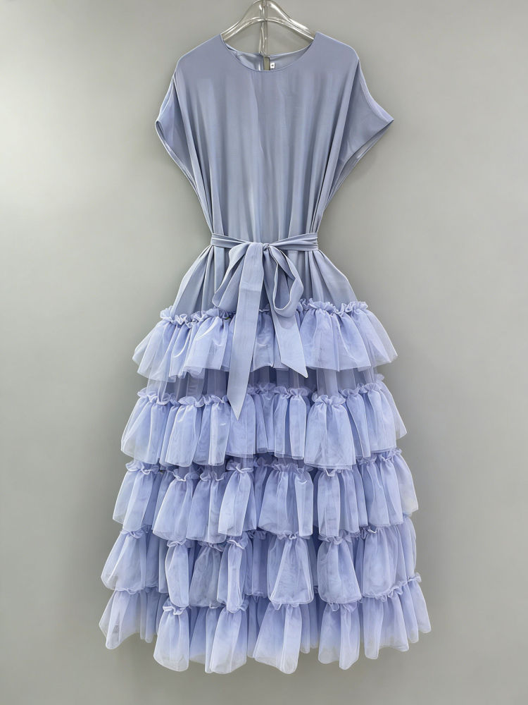 TWOTWINSTYLE Round Neck High Waist Spliced Mesh Dress