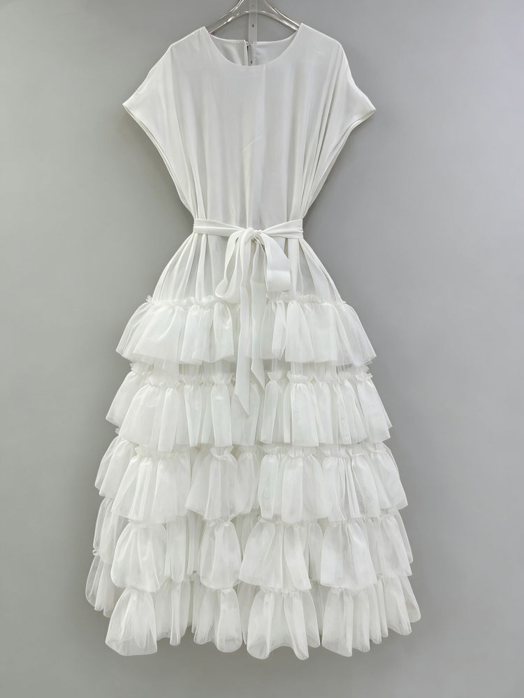 TWOTWINSTYLE Round Neck High Waist Spliced Mesh Dress