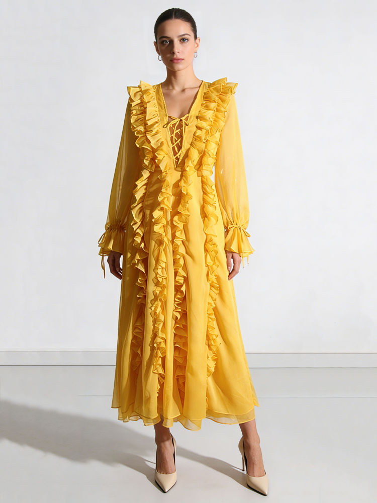 TWOTWINSTYLE Solid V-Neck Spliced Ruffles Midi Dress