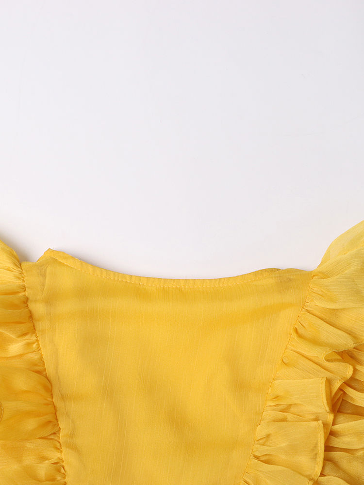 TWOTWINSTYLE Solid V-Neck Spliced Ruffles Midi Dress
