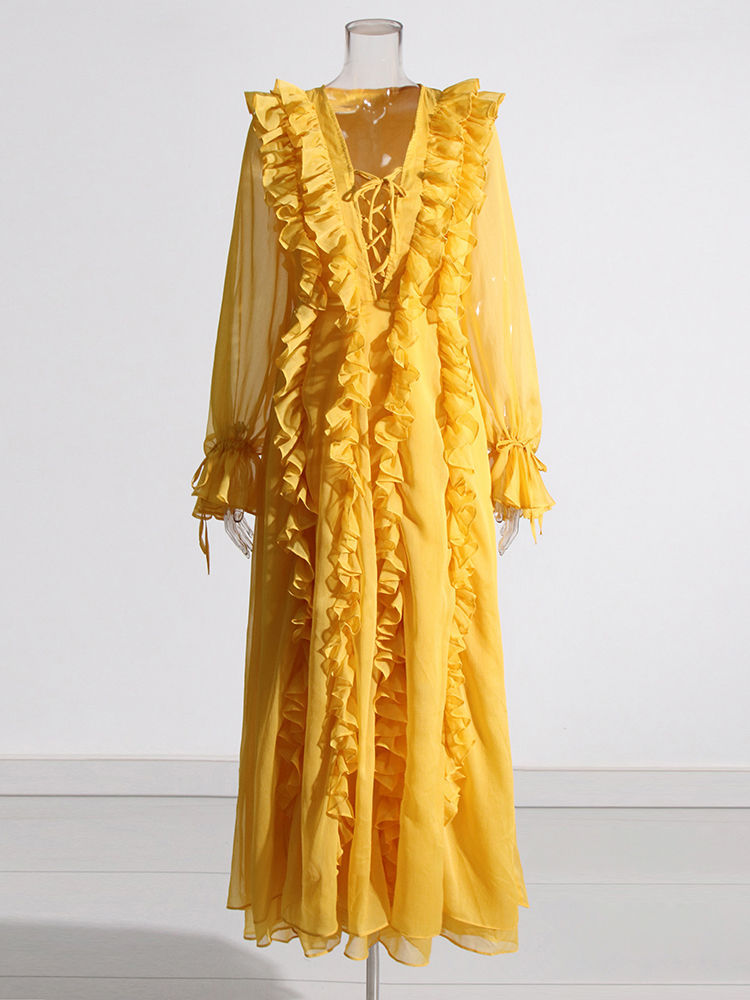 TWOTWINSTYLE Solid V-Neck Spliced Ruffles Midi Dress