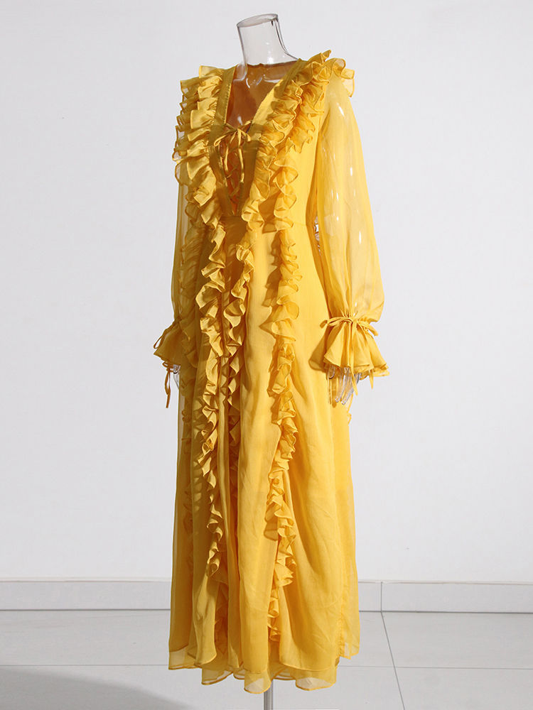TWOTWINSTYLE Solid V-Neck Spliced Ruffles Midi Dress