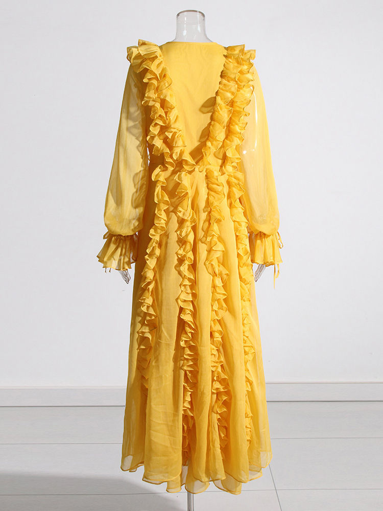TWOTWINSTYLE Solid V-Neck Spliced Ruffles Midi Dress