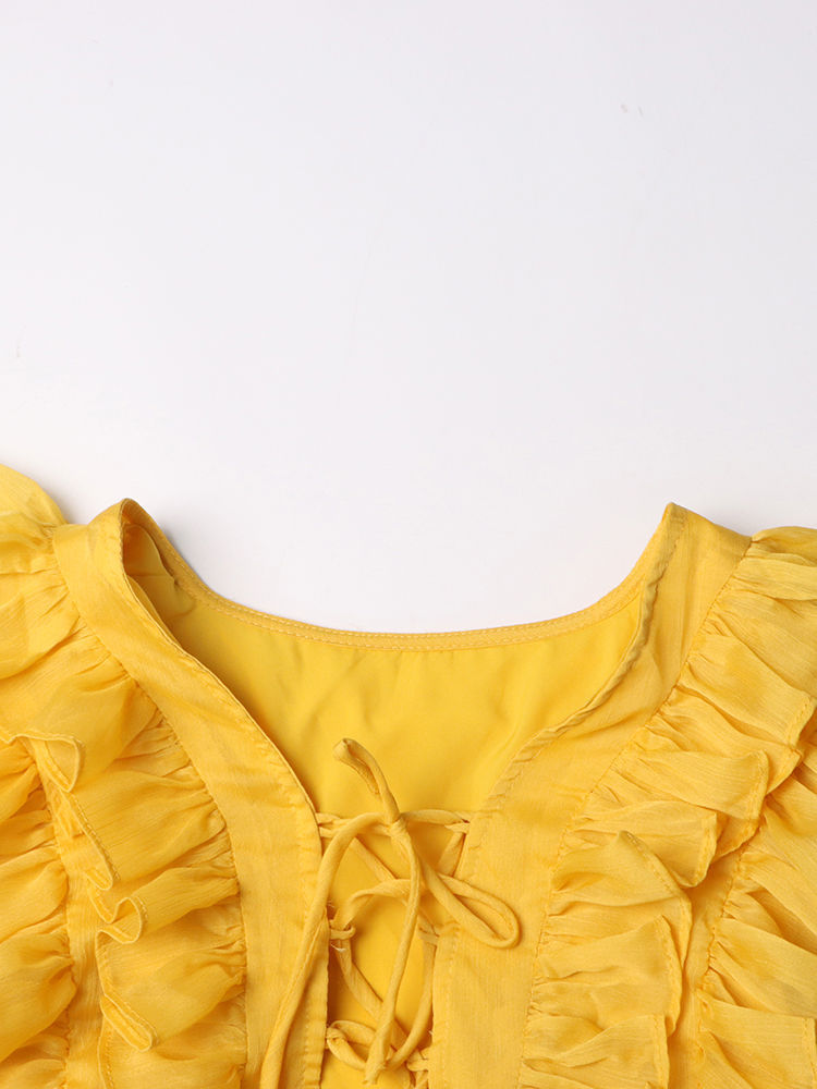 TWOTWINSTYLE Solid V-Neck Spliced Ruffles Midi Dress