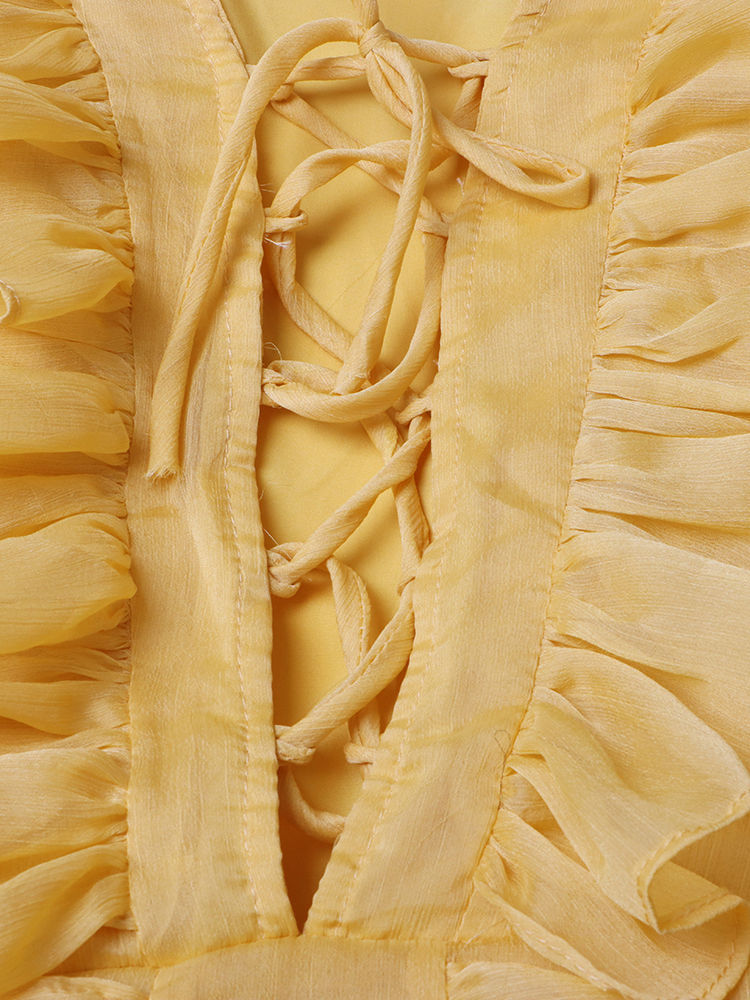 TWOTWINSTYLE Solid V-Neck Spliced Ruffles Midi Dress