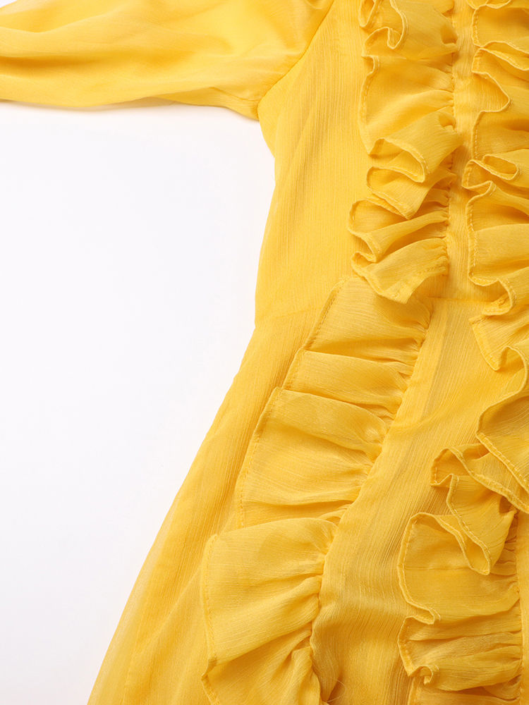 TWOTWINSTYLE Solid V-Neck Spliced Ruffles Midi Dress