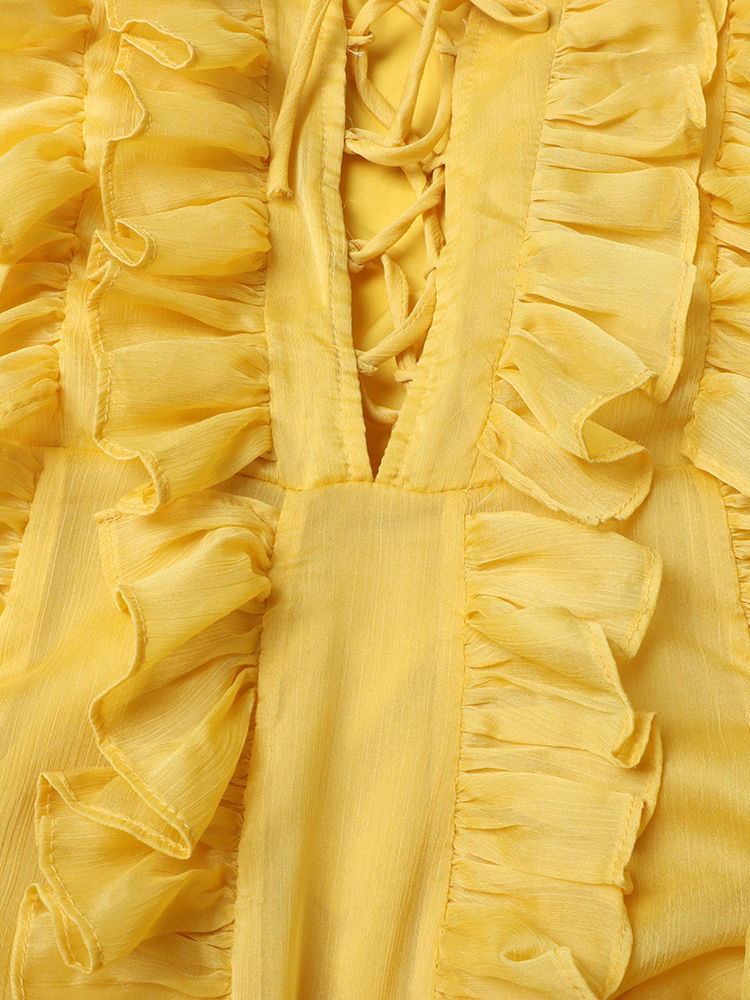 TWOTWINSTYLE Solid V-Neck Spliced Ruffles Midi Dress