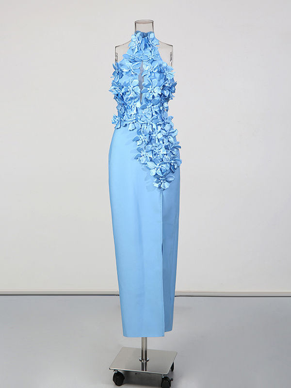 TWOTWINSTYLE Off Shoulder Patchwork 3D Flower Side Split Dress