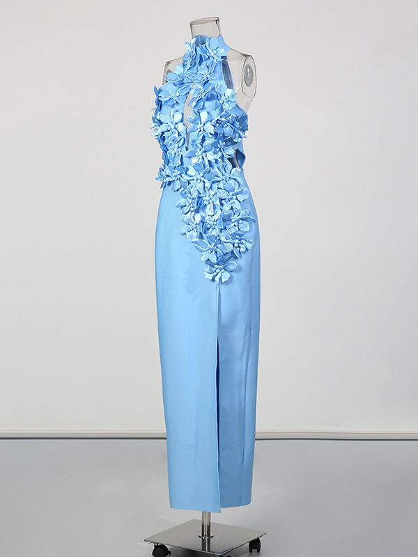TWOTWINSTYLE Off Shoulder Patchwork 3D Flower Side Split Dress
