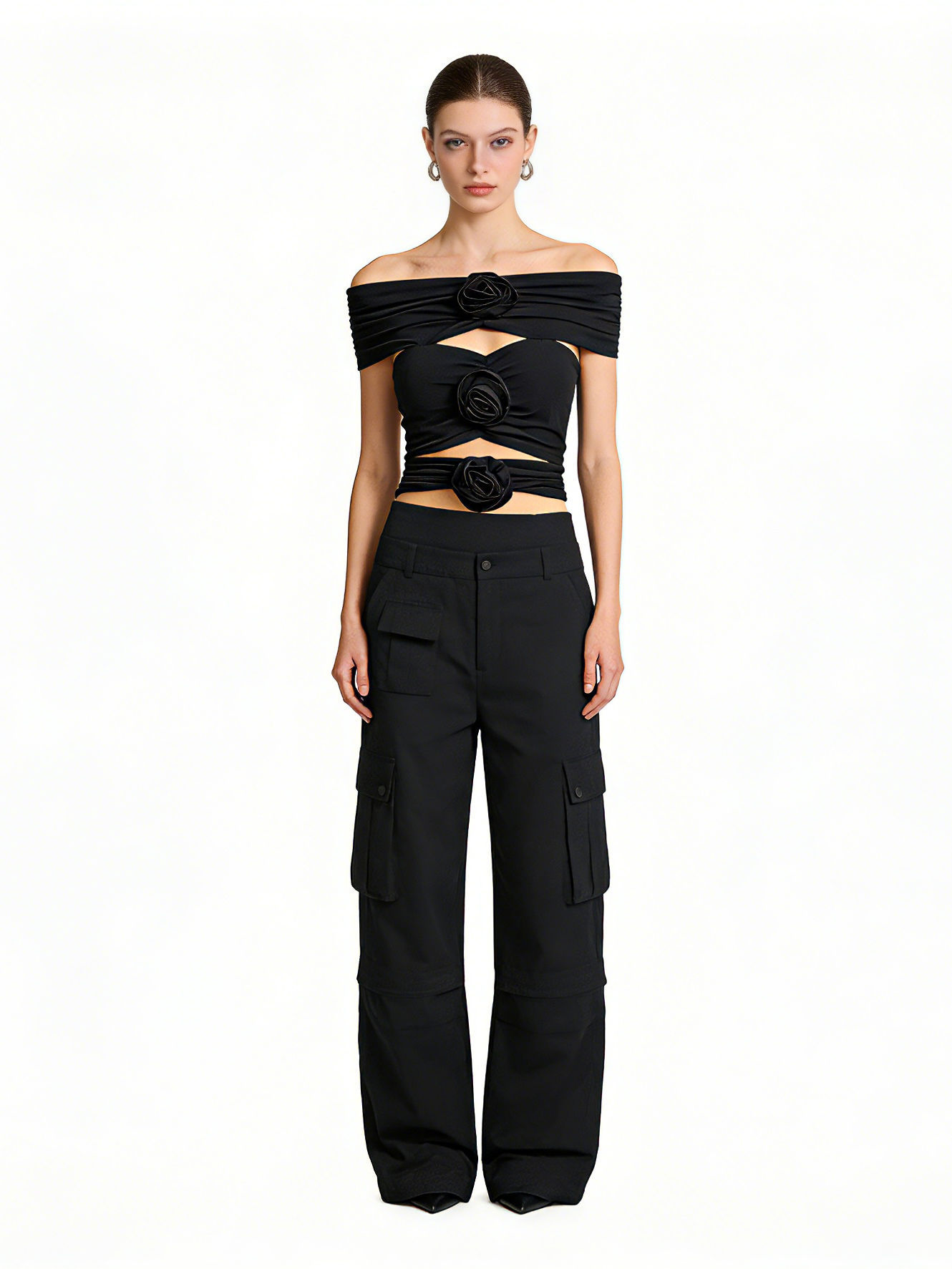 TWOTWINSTYLE Off Shoulder Hollow Out Patchwork 3D Flower Sexy Vest