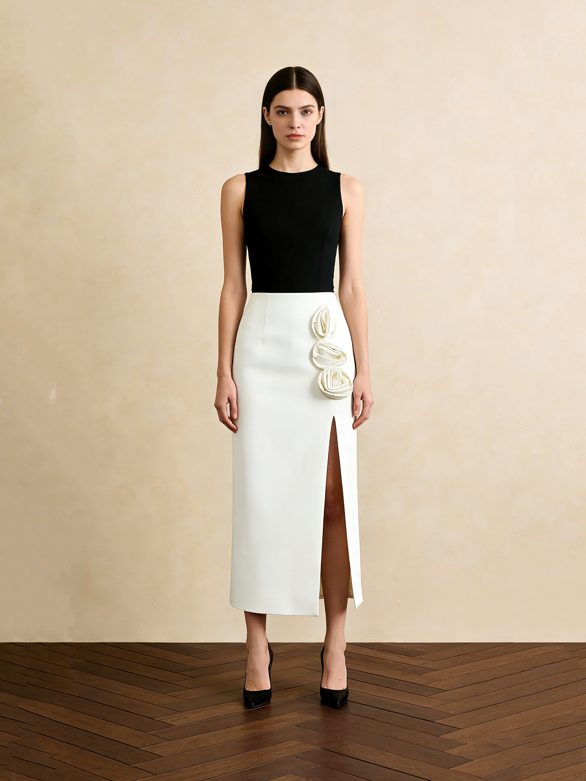 TWOTWINSTYLE Solid Spliced 3D Flower Side Split Skirt