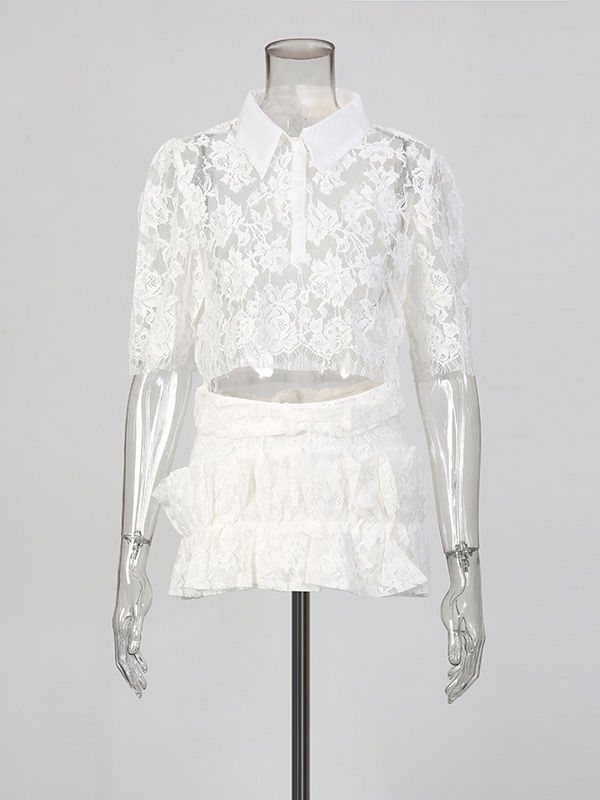 TWOTWINSTYLE Lace Hollow Out Patchwork Shorts Two Piece Set