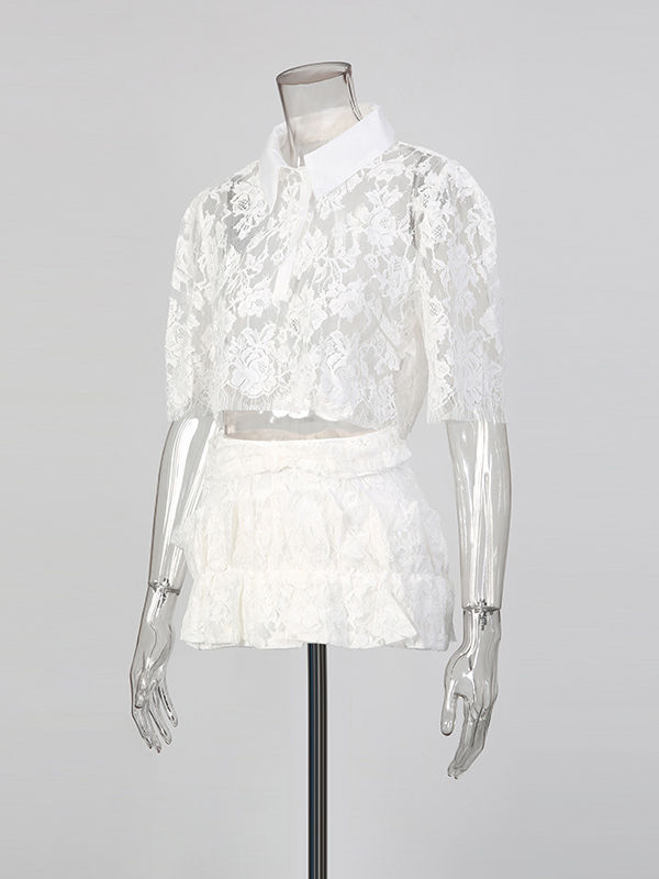 TWOTWINSTYLE Lace Hollow Out Patchwork Shorts Two Piece Set