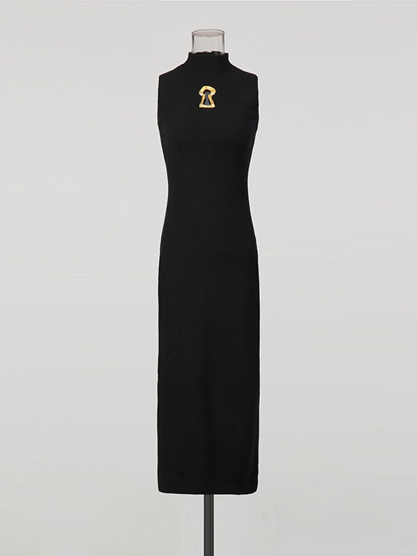 TWOTWINSTYLE Solid Stand Collar Slimming Dress