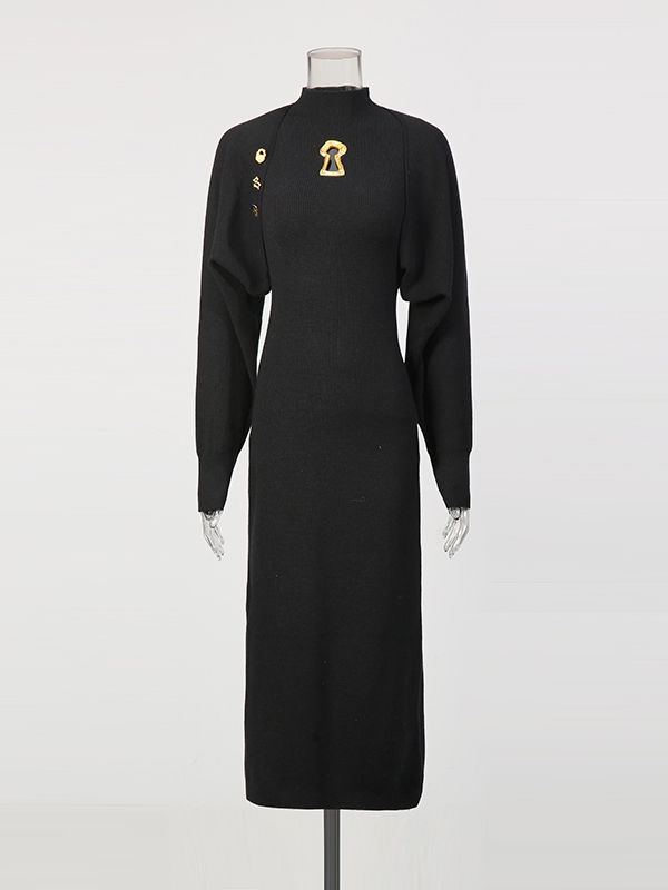 TWOTWINSTYLE Solid Stand Collar Slimming Dress