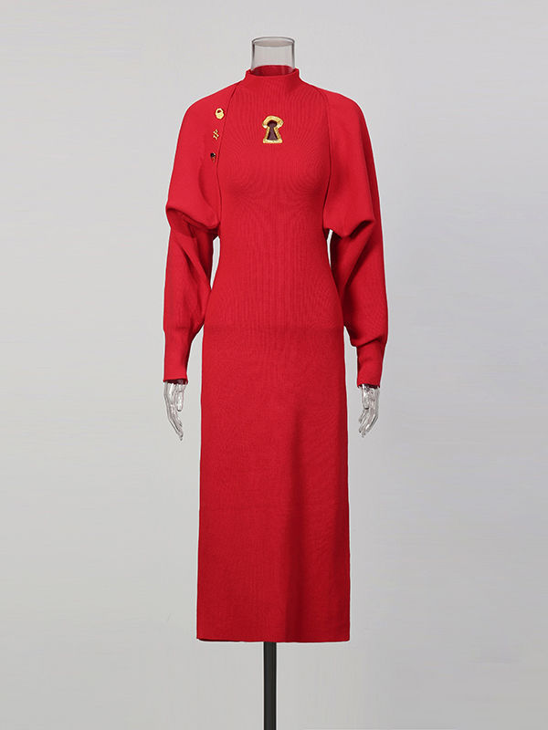 TWOTWINSTYLE Solid Stand Collar Slimming Dress