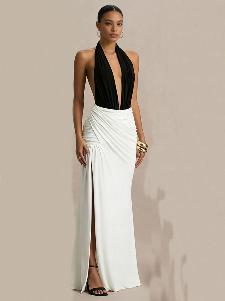 TWOTWINSTYLE Hit Color High Waist Side Split Sexy Dress