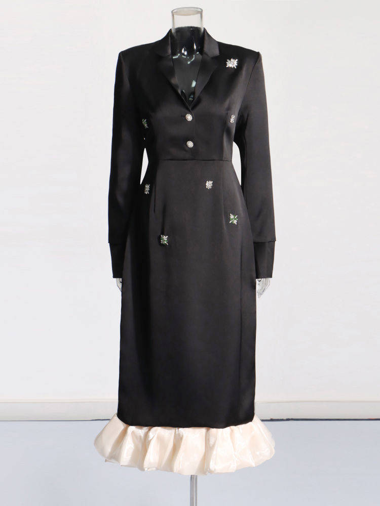TWOTWINSTYLE Hit Color Lapel Spliced Diamond High Waist Elegant Dress