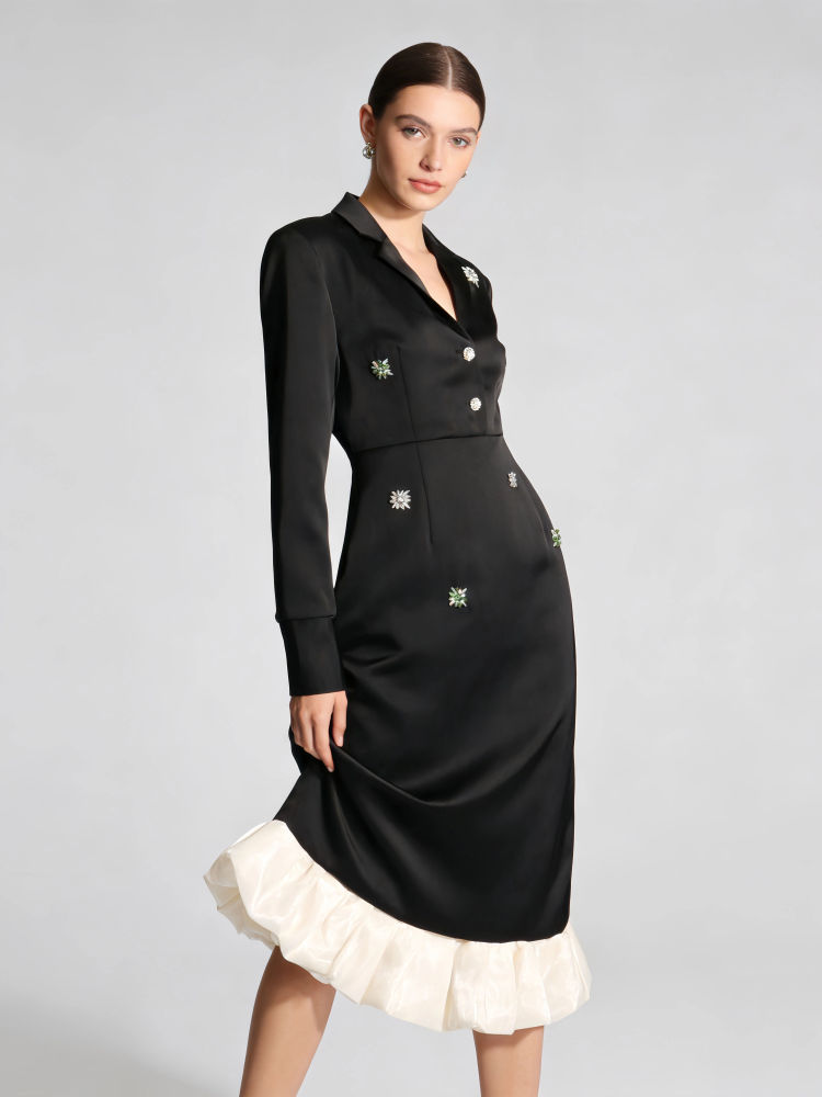 TWOTWINSTYLE Hit Color Lapel Spliced Diamond High Waist Elegant Dress