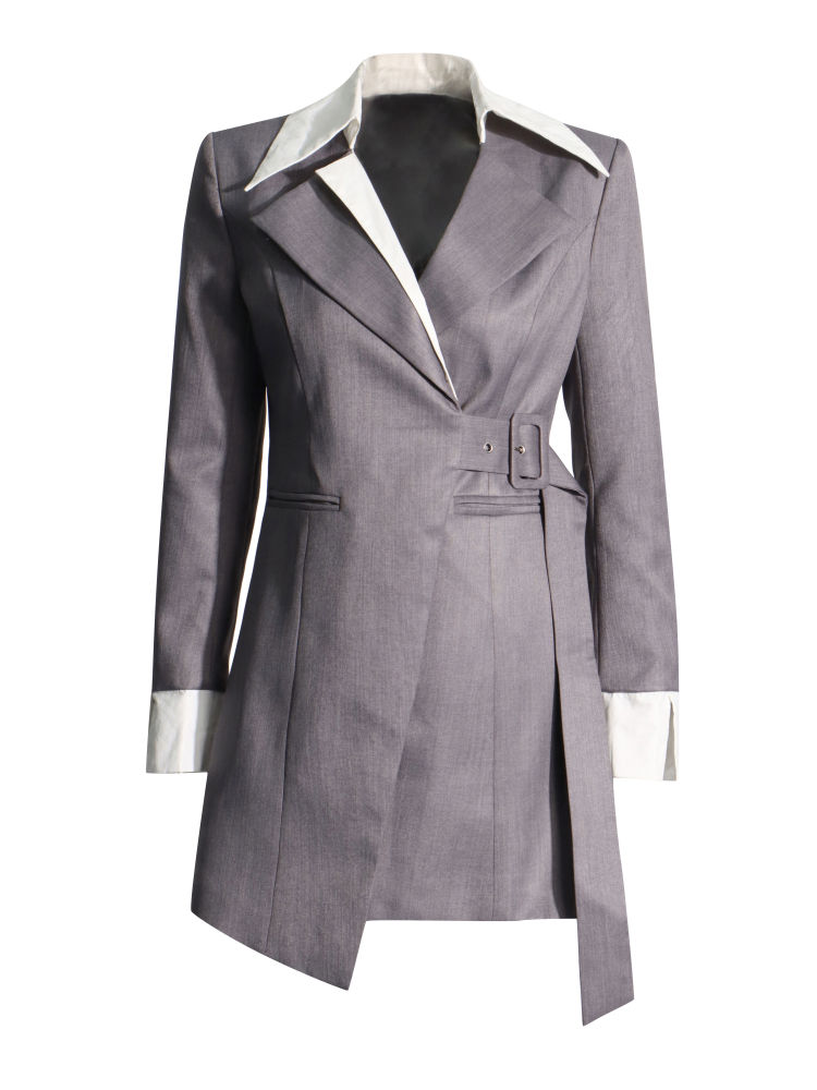 TWOTWINSTYLE Hit Color Lapel Tunic Patchwork Belt Temperament Coat