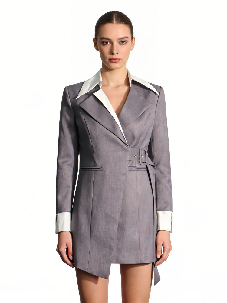 TWOTWINSTYLE Hit Color Lapel Tunic Patchwork Belt Temperament Coat