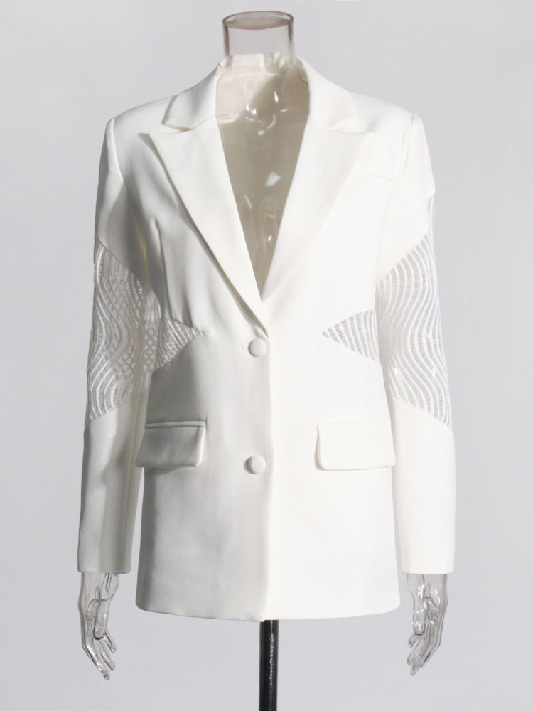 TWOTWINSTYLE Solid Lapel Long Sleeve Spliced Mesh