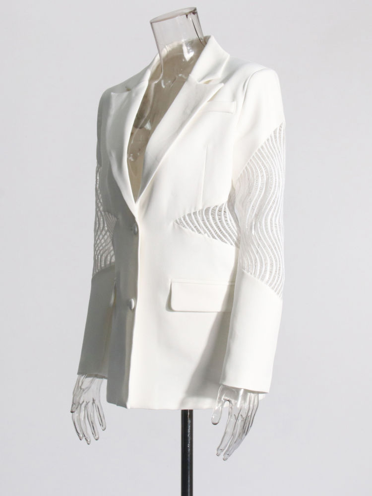 TWOTWINSTYLE Solid Lapel Long Sleeve Spliced Mesh